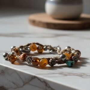 Amber and Turquoise Beaded Bracelet with Silver Accents